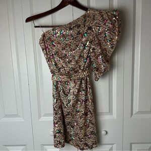 Sabina Musayev sequin one sleeve mini dress with belt.